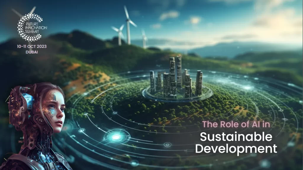 A digital earth surrounded by symbols of sustainability and technology, illustrating AI's contributions to sustainable development.