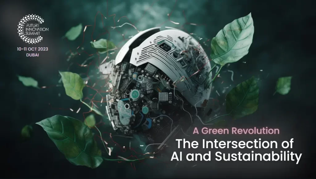 A conceptual image of an artificial brain inside a leaf, surrounded by icons of wind turbines, solar panels, and recycling, representing the convergence of AI and sustainability.