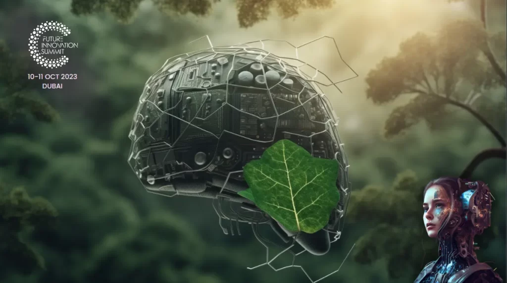 A conceptual image of an artificial brain inside a leaf, surrounded by icons of wind turbines, solar panels, and recycling, representing the convergence of AI and sustainability.