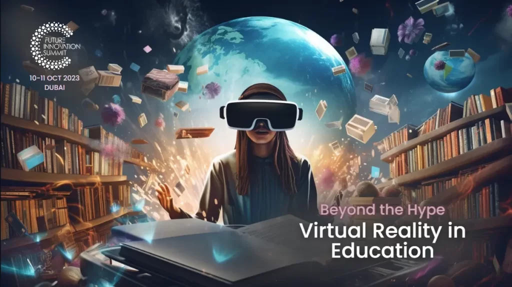 Students learning diverse subjects using VR in a futuristic classroom.