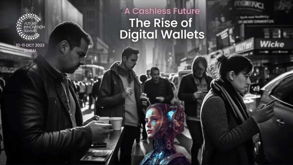People using digital wallets on their smartphones for various transactions, illustrating the concept of a cashless society.