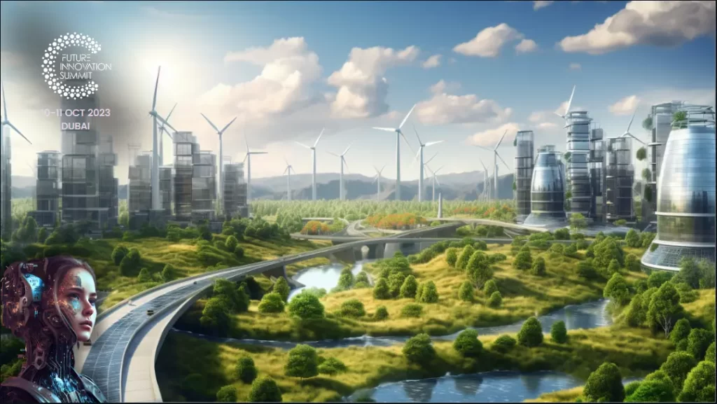 Futuristic city skyline powered by renewable energy sources