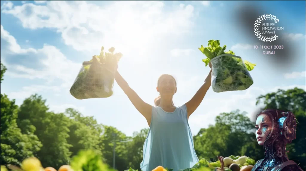 Person holding a reusable grocery bag with fresh produce in a green park setting.